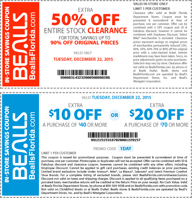 Bealls Coupon March 2024 Extra 50% off clearance & $10 off $40 today at Bealls, or online via promo code 1DAY