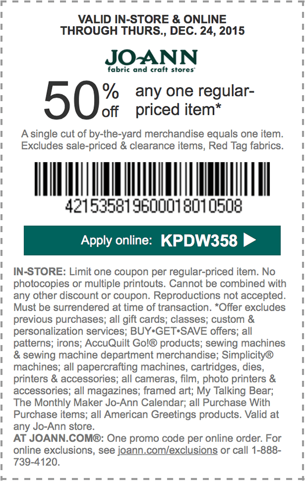 Jo-Ann Fabric Coupon April 2024 50% off a single item at Jo-Ann Fabric, or online via promo code KPDW358