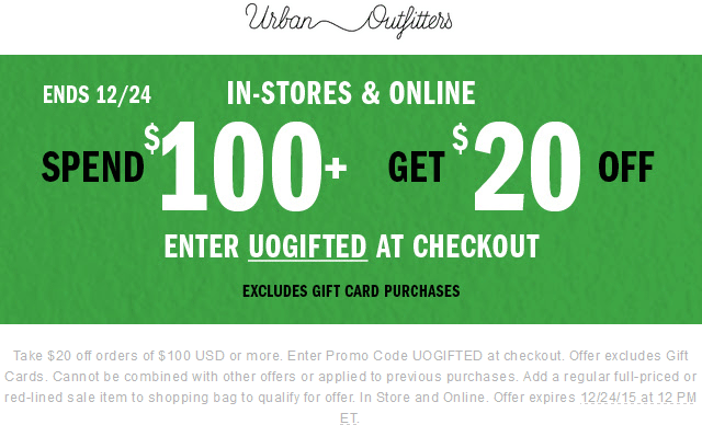 Urban Outfitters Coupon April 2024 $20 off $100 at Urban Outfitters, or online via promo code UOGIFTED