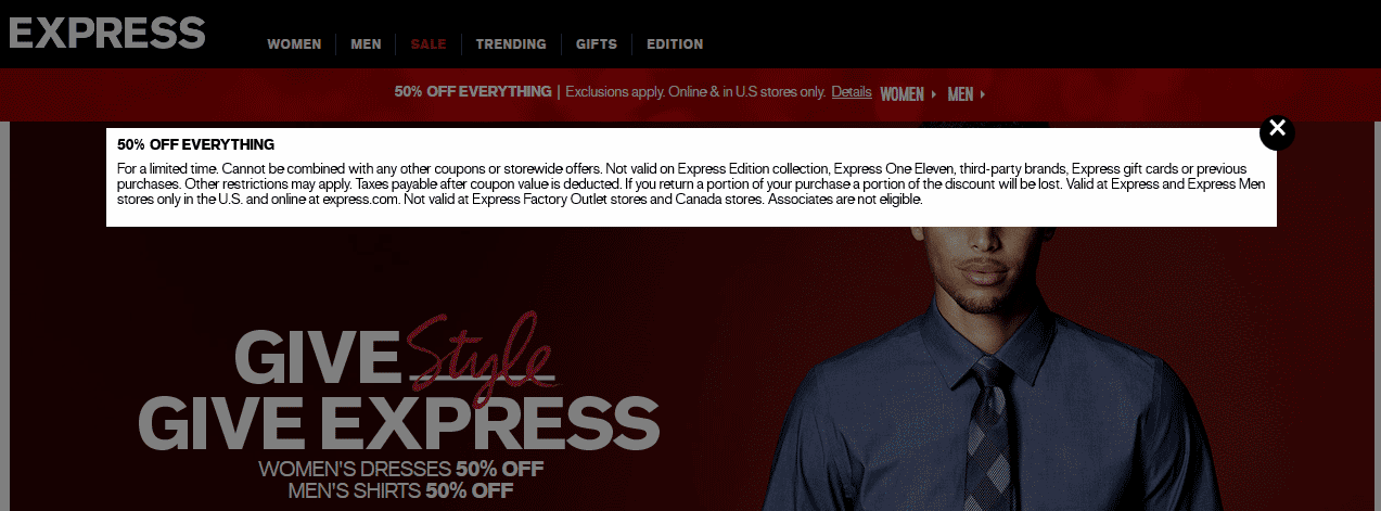 Express Coupon April 2024 50% off everything at Express, ditto online