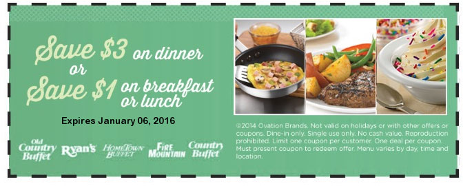 Old Country Buffet Coupon April 2024 $1 off breakfast, $3 off dinner buffets at Fire Mountain, Ryans, Hometown Buffet & Old Country Buffet