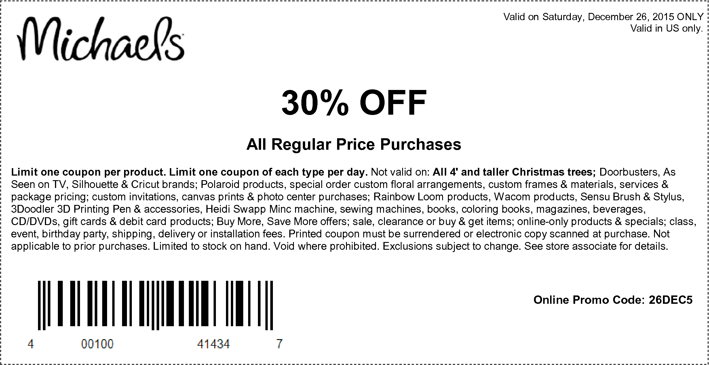 Michaels Coupon April 2024 30% off today at Michaels, or online via promo code 26DEC5