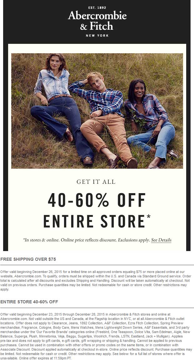 Abercrombie & Fitch Coupon May 2024 40-60% off everything at Abercrombie & Fitch, ditto online
