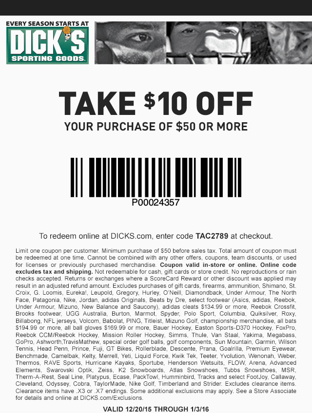Dicks Coupon March 2024 $10 off $50 at Dicks Sporting Goods, or online via promo code TAC2789