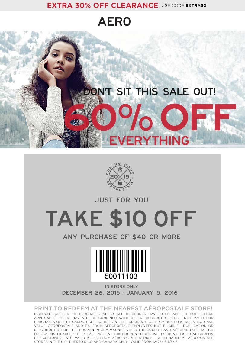 Aeropostale Coupon April 2024 60% off everything + $10 off $40 at Aeropostale, ditto online