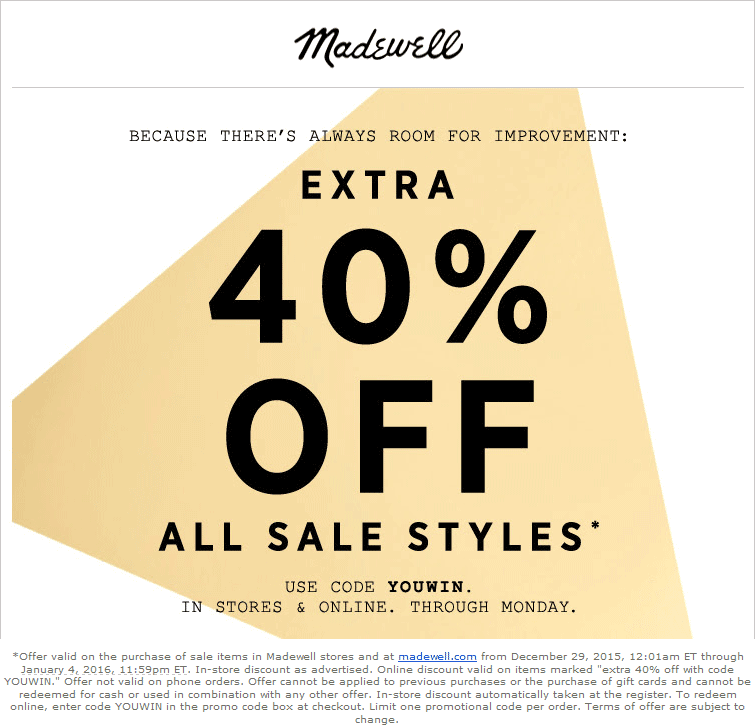 Madewell Coupon April 2024 Extra 40% off sale styles at Madewell, or online via promo code YOUWIN