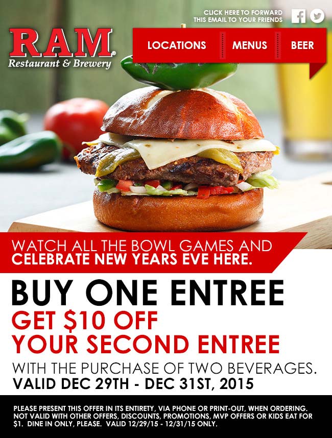 Ram Coupon March 2024 Second entree $10 off at Ram restaurant & brewery