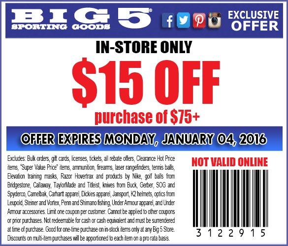 Big 5 Coupon March 2024 $15 off $75 at Big 5 sporting goods