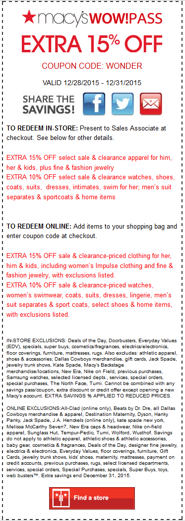 Macys Coupon April 2024 Extra 15% off today at Macys, or online via promo code WONDER