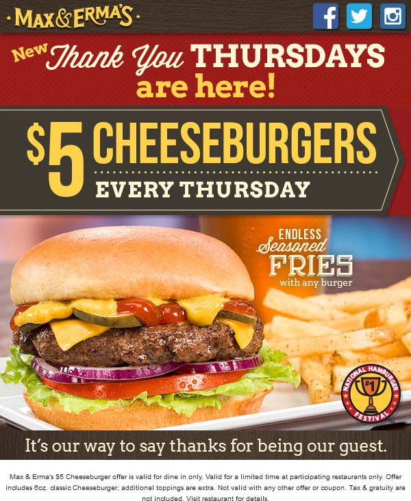 Max & Ermas Coupon April 2024 Cheeseburger + bottomless fries for $5 Thursdays at Max & Ermas restaurants