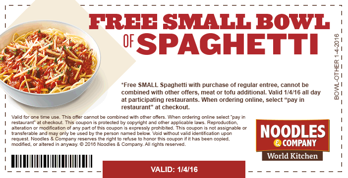 Noodles & Company Coupon April 2024 Free spaghetti with your entree Monday at Noodles & Company