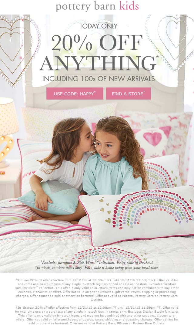 Pottery Barn Kids Coupon March 2024 20% off today at Pottery Barn Kids, ditto online