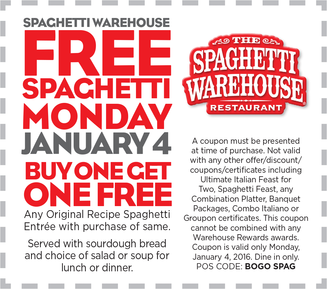 Spaghetti Warehouse Coupon April 2024 Second spaghetti meal free Monday at Spaghetti Warehouse