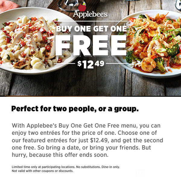 Applebees Coupon April 2024 Second entree free at Applebees