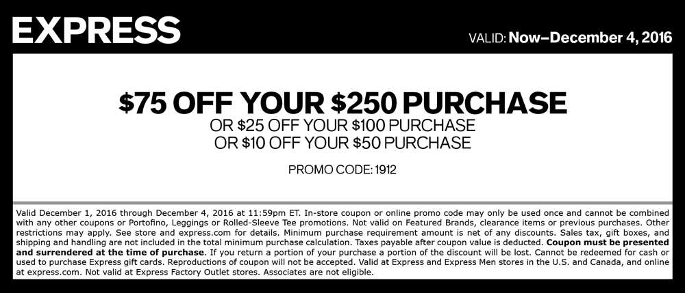Express Coupon April 2024 $10 off $50 & more at Express, or online via promo code 1912
