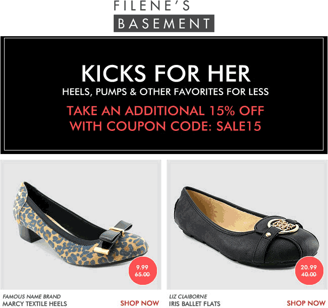 Filenes Basement Coupon April 2024 15% off shoes for her online at Filenes Basement via promo code SALE15