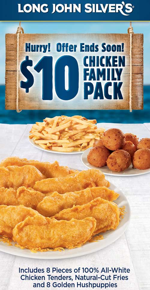 Long John Silvers Coupon April 2024 8pc chicken + fries + 8 hushpuppies = $10 at Long John Silvers