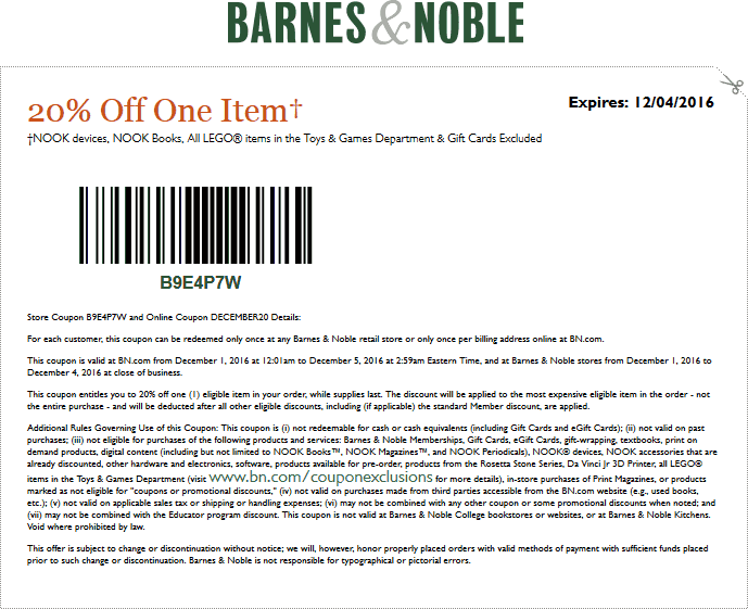 Barnes & Noble Coupon April 2024 20% off a single item at Barnes & Noble