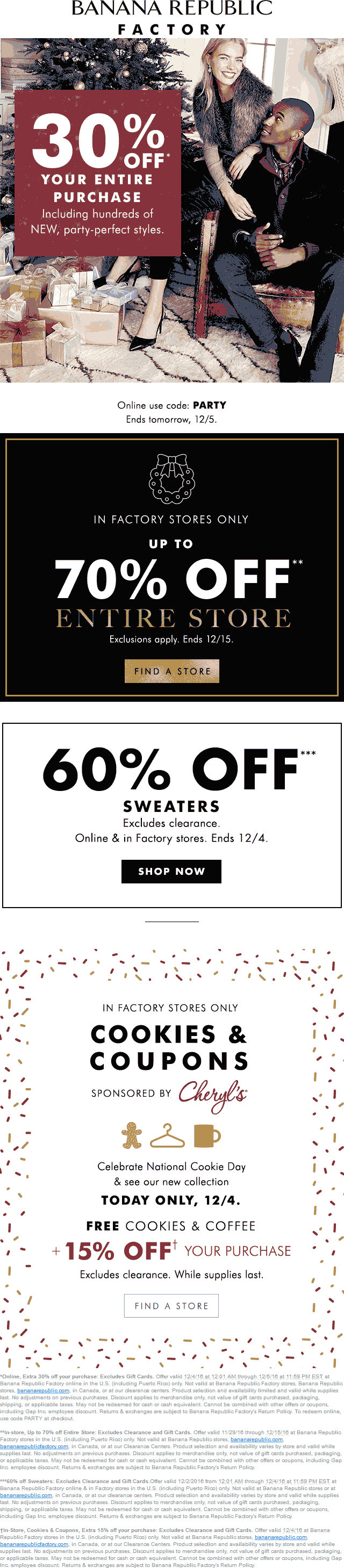 Banana Republic Coupon April 2024 30-70% off everything + another 15% Sunday at Banana Republic Factory, or online via promo code PARTY