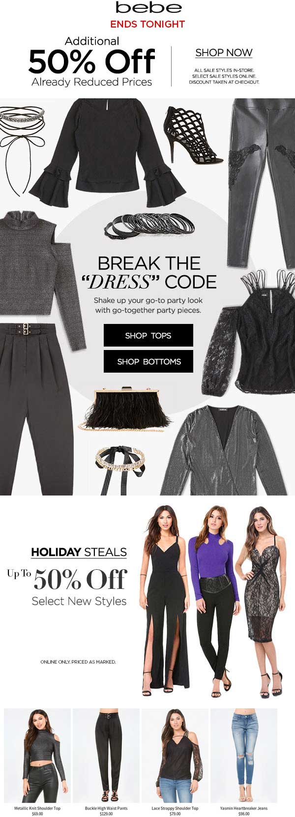 Bebe Coupon April 2024 Extra 50% off sale items today at bebe, ditto online