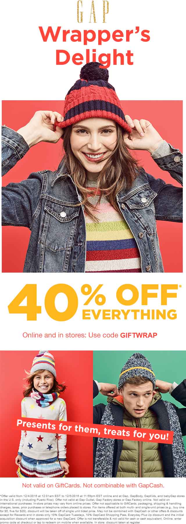 Gap Coupon April 2024 40% off everything at Gap, or online via promo code GIFTWRAP