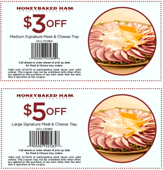 HoneyBaked Coupon April 2024 $3-$5 off a ham & cheese tray at Honeybaked Ham restaurants