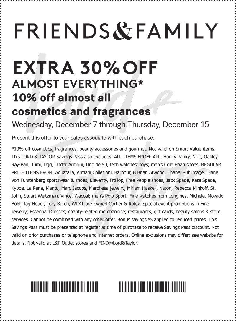 Lord & Taylor Coupon May 2024 30% off everything at Lord & Taylor, or online via promo code FRIENDS