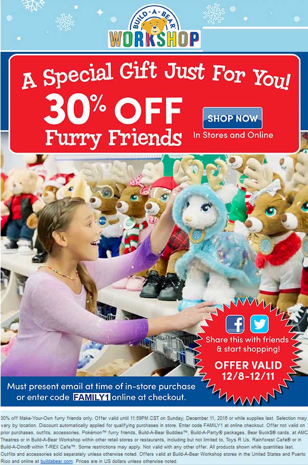 Build-A-Bear Coupon April 2024 30% off furry friends at Build-A-Bear workshops, or online via promo code FAMILY1