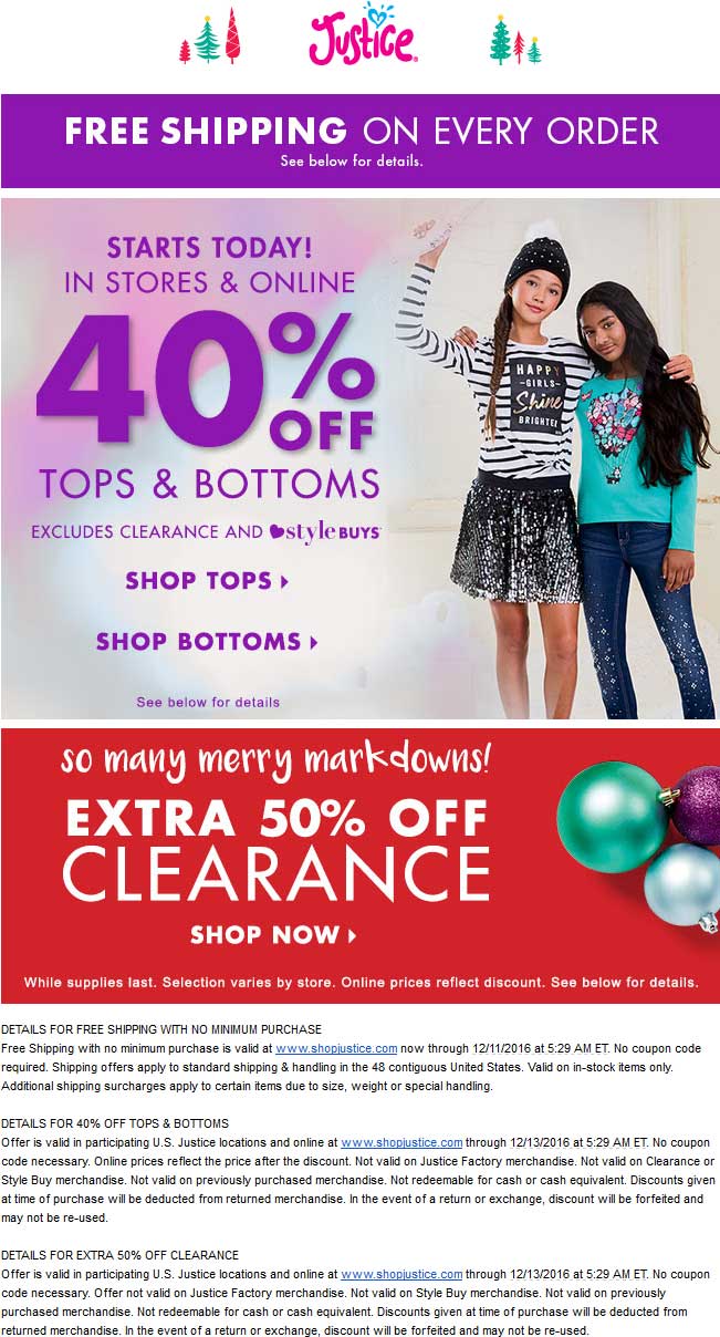 Justice Coupon April 2024 40% off tops & bottoms, 50% off clearance at Justice, ditto online