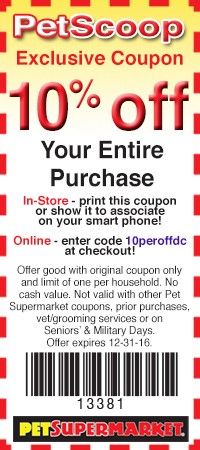 Pet Supermarket Coupon April 2024 10% off everything at Pet Supermarket, or online via promo code 10peroffdc