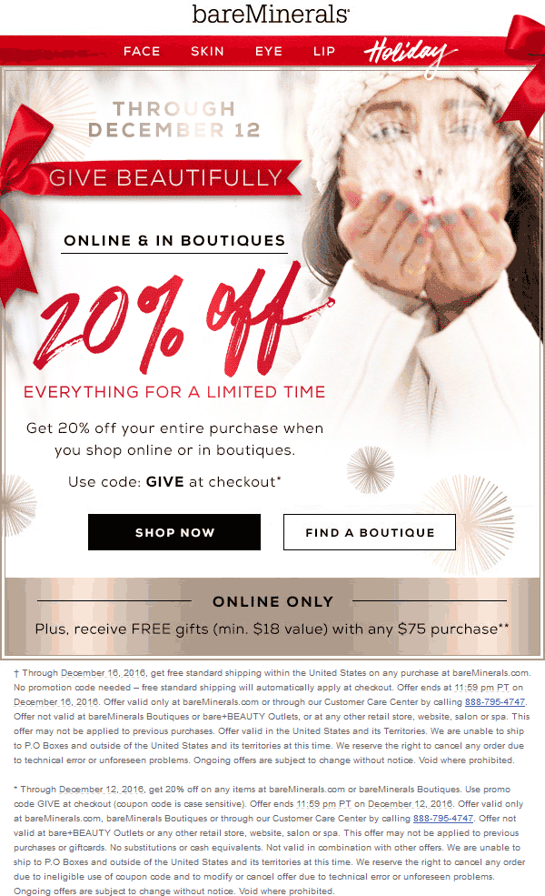 bareMinerals Coupon April 2024 20% off at bareMinerals, or online via promo code GIVE