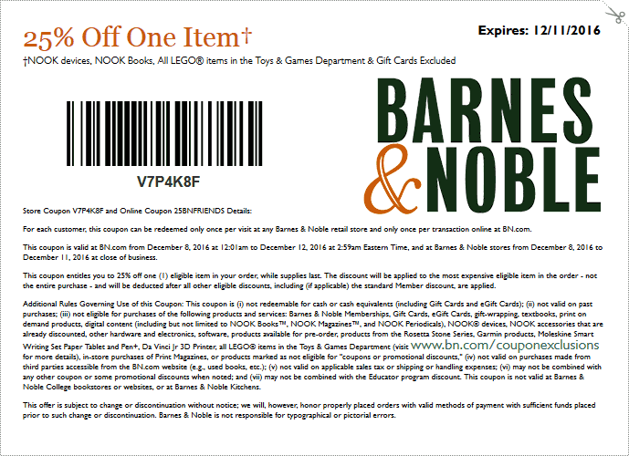 Barnes & Noble Coupon April 2024 25% off a single item at Barnes & Noble, or online via promo code 25BNFRIENDS