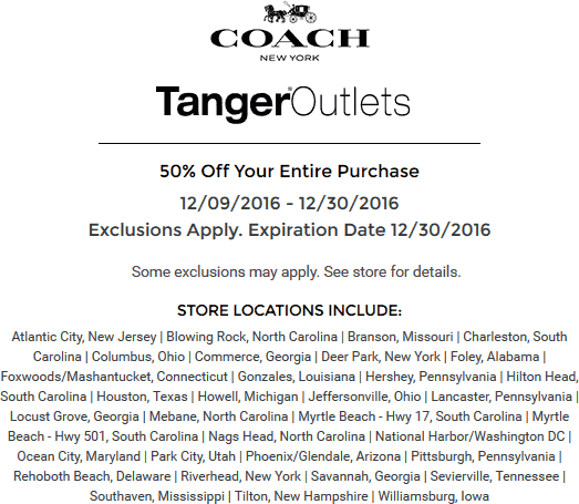 Coach Factory Coupon April 2024 50% off everything at Coach Factory Tanger Outlets