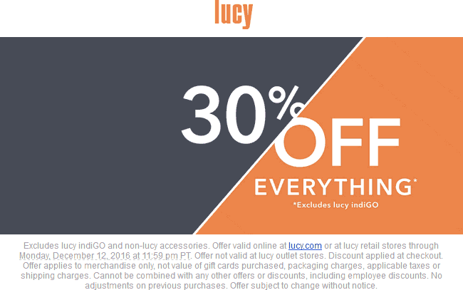 Lucy Coupon November 2024 30% off everything today at Lucy, ditto online