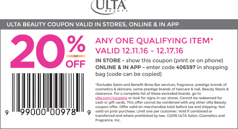 Ulta Coupon March 2025 20% off a single item at Ulta Beauty, or online via promo code 406597