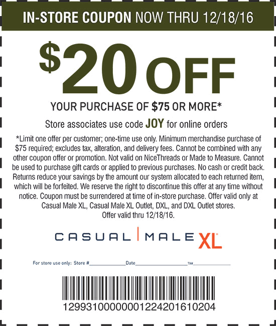 Casual Male XL Coupon April 2024 $20 off $75 at Casual Male XL, or online via promo code JOY