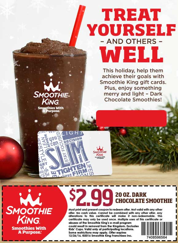Smoothie King Coupon April 2024 20oz chocolate for $3 at Smoothie King