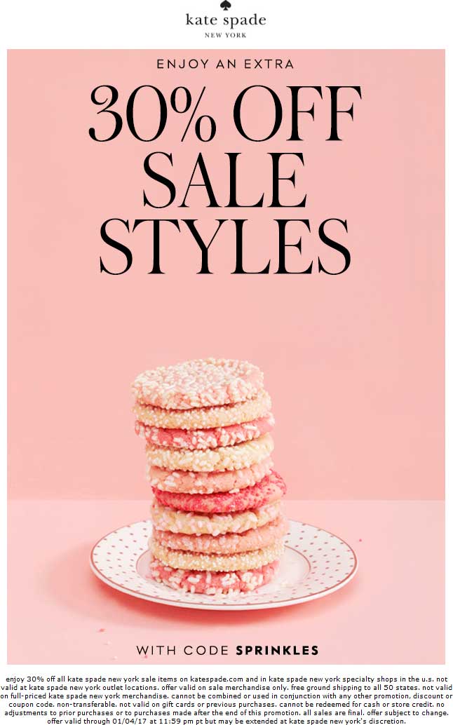 Kate Spade Coupon May 2024 Extra 30% off sale items at Kate Spade, or online via promo code SPRINKLES