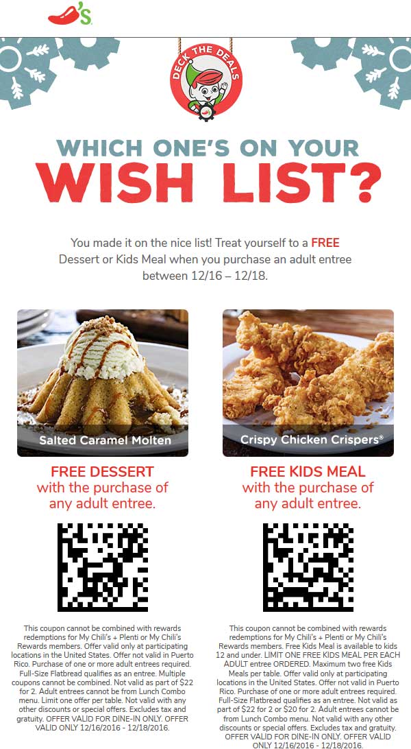 Chilis Coupon April 2024 Dessert or kids meal free with your entree at Chilis