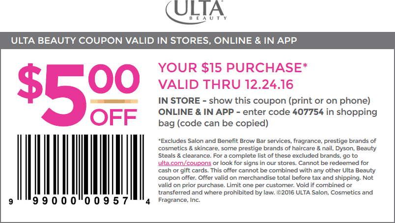 Ulta Coupon May 2024 $5 off $15 at Ulta Beauty, or online via promo code 407754