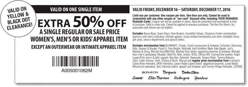 Bon Ton Coupon March 2024 Extra 50% off a single item today at Carsons, Bon Ton, Bergners, Boston Store, Elder-Beerman, Herbers & Younkers