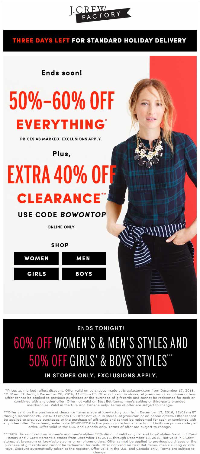 J.Crew Factory Coupon March 2024 50-60% off everything today at J.Crew Factory, or 40%  off clearance online via promo code BOWONTOP