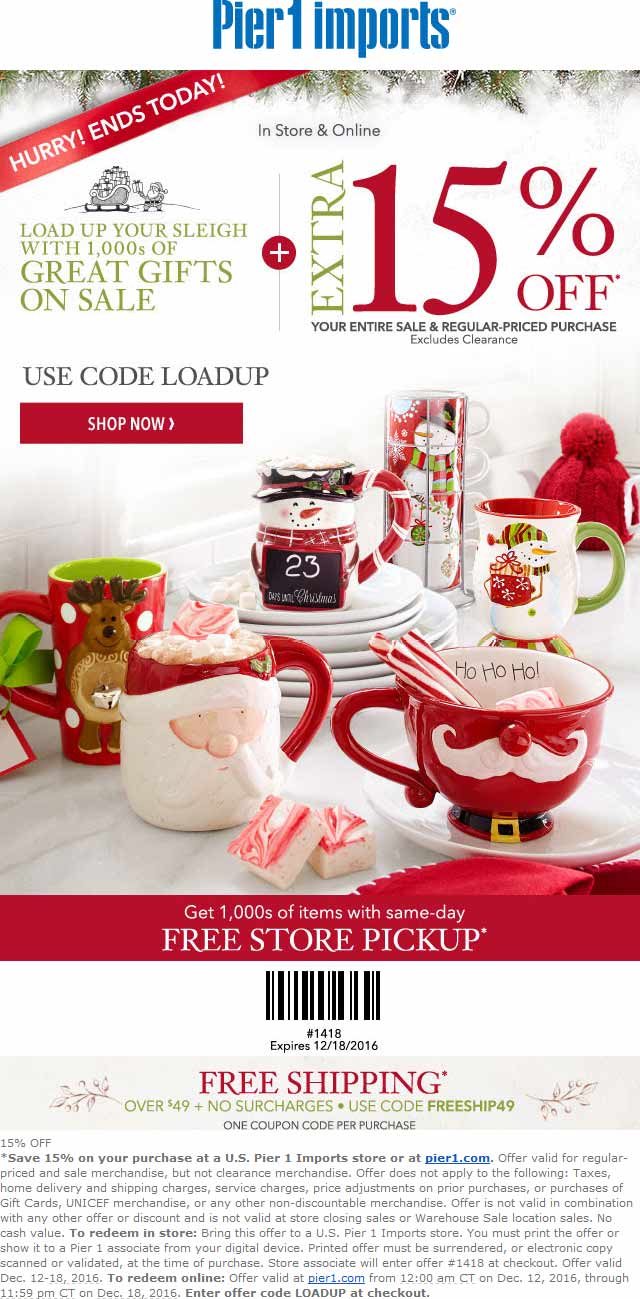 Pier 1 Coupon April 2024 15% off today at Pier 1 Imports, or online via promo code LOADUP