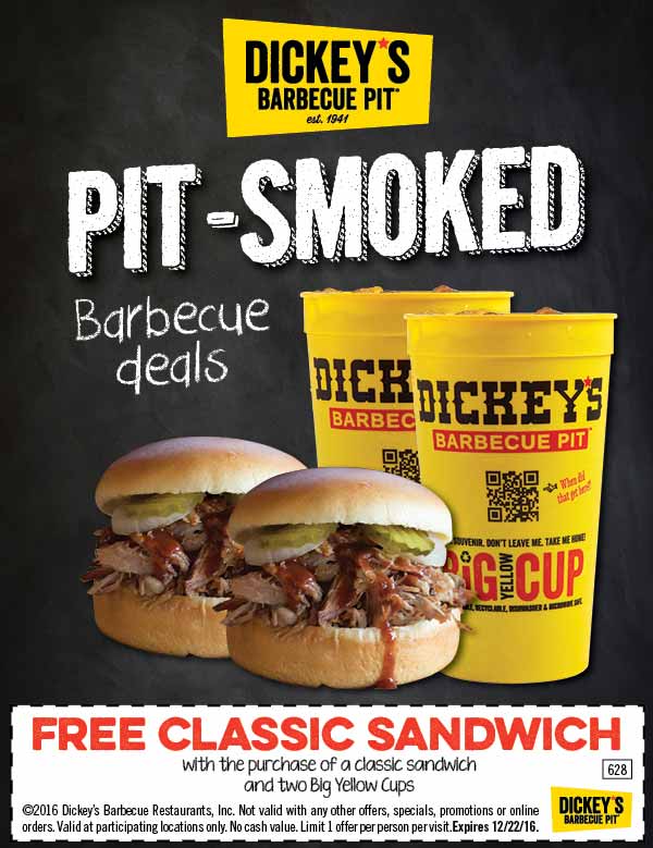 Dickeys Barbecue Pit Coupon April 2024 Free chicken sandwich with your sandwich at Dickeys Barbecue Pit