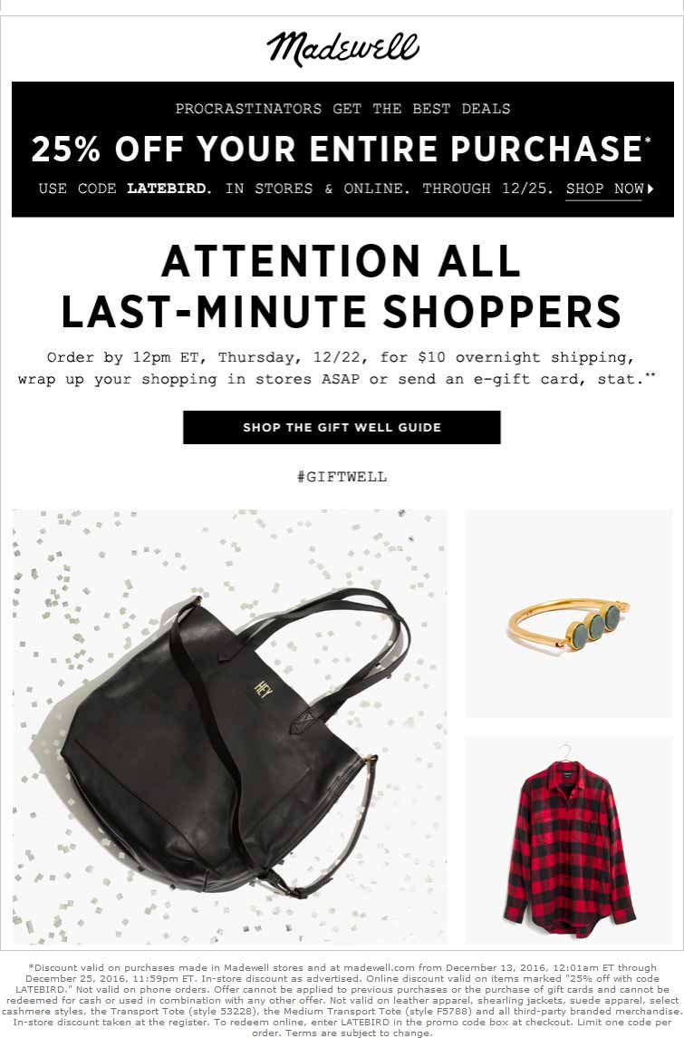 Madewell Coupon April 2024 25% off everything at Madewell, or online via promo code LATEBIRD