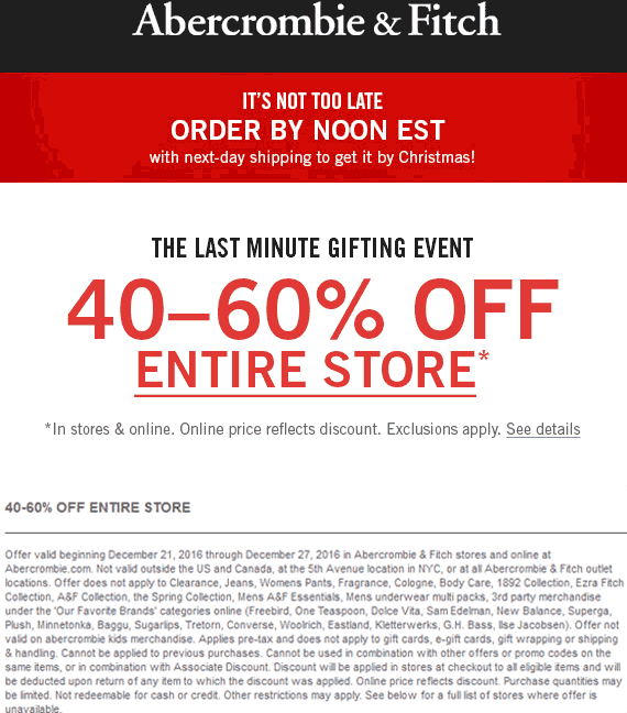 Abercrombie & Fitch Coupon April 2024 40-60% off everything at Abercrombie & Fitch, ditto online