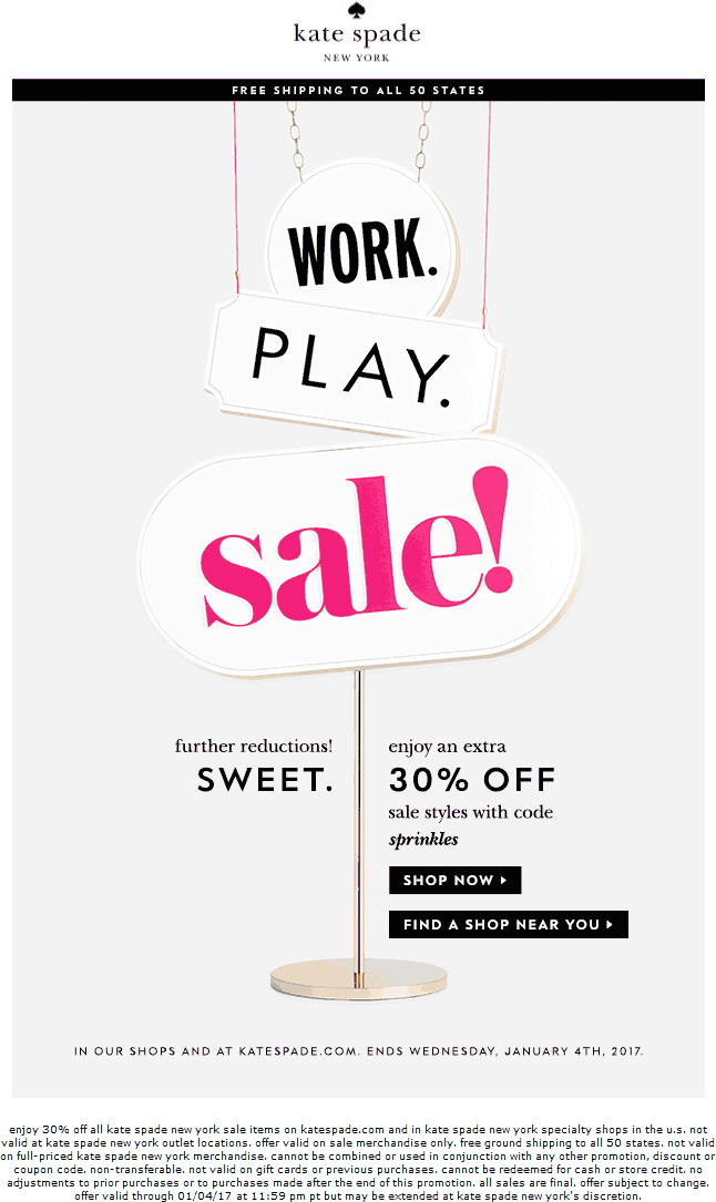Kate Spade Coupon April 2024 Extra 30% off sale styles at Kate Spade, or online via promo code SPRINKLES