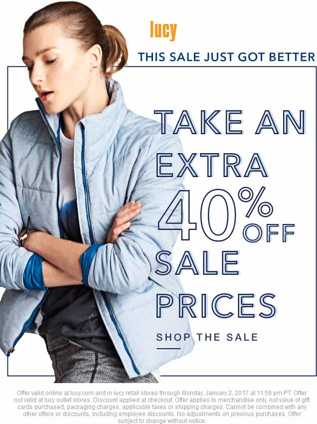 Lucy Coupon April 2024 Extra 40% off sale items at Lucy, ditto online