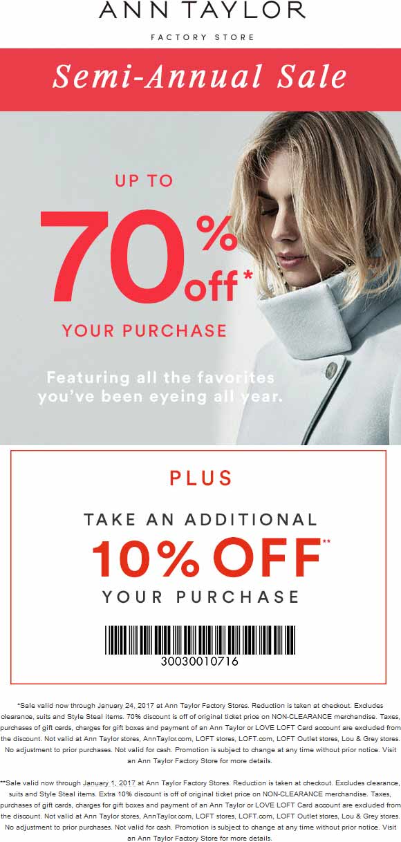 Ann Taylor Factory Coupon April 2024 Extra 10-70% off at Ann Taylor Factory