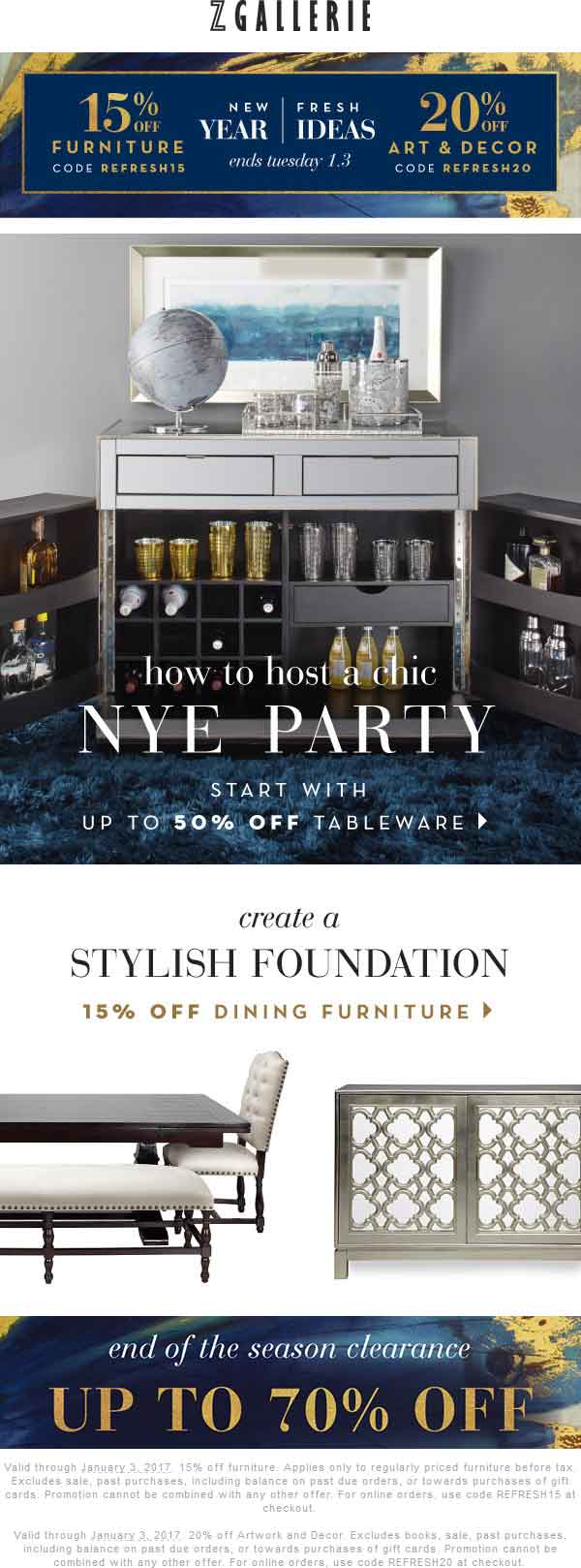 Z Gallerie Coupon April 2024 15% off furniture, 20% off decor at Z Gallerie, or online via promo codes REFRESH15 & REFRESH20